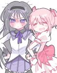  2girls ^_^ akemi_homura back_bow black_hair black_hairband black_pantyhose bow closed_eyes couple dress dress_bow embarrassed frilled_dress frills hairband hug kaname_madoka kerimka31328031 long_hair magical_girl mahou_shoujo_madoka_magica mahou_shoujo_madoka_magica_(anime) multiple_girls neck_ribbon open_mouth pantyhose pink_dress pink_hair puffy_short_sleeves puffy_sleeves purple_eyes purple_ribbon purple_skirt ribbon short_sleeves signature skirt smile sweatdrop twintails yuri 