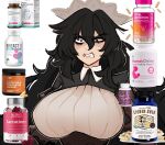  1girl angry black_eyes black_hair breasts centurii-chan_(artist) corset executioner_maid_(centuriic) highres large_breasts long_hair maid_headdress meme original pill pill_bottle solo with_enough_power_you_can_refire_even_a_dying_star_(meme) 