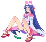 1girl azuma_sara blue_hair blush bow collarbone cucumber eyelashes full_body hat highres japanese_clothes long_hair looking_ahead panties pantyshot parted_lips pink_bow purple_eyes sandals sarazanmai simple_background sitting solo spread_legs thick_eyebrows toenails tsui_ni_tsuin underwear very_long_hair white_background white_hat white_panties wide_sleeves 