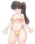  1girl absurdres bikini black_hair breasts geraldjess1 highres kunou_kodachi large_breasts long_hair looking_at_viewer open_mouth ponytail purple_eyes ranma_1/2 simple_background smile solo swimsuit white_background yellow_bikini 