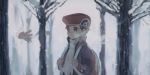  1boy backpack bag bare_tree blurry blurry_background breath cold day hat highres holding_strap jacket long_sleeves lucas_(pokemon) male_focus moji_(ld_ipx) outdoors pokemon pokemon_(game) pokemon_dppt pokemon_platinum red_headwear scarf snow snowing symbol_commentary tree white_scarf 