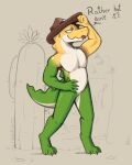  anthro blep bodily_fluids clothing full_body_view glitch_productions green_body gummigoo_(tadc) hat headgear headwear iscofish lizard male nude reptile scalie simple_background solo sweat tail text the_amazing_digital_circus tongue tongue_out yellow_body 
