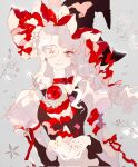  1girl apple apple_slice branch cirrika closed_mouth dress eyelashes food fruit grey_background hat highres knife leaf light_smile long_sleeves looking_at_viewer mole mole_under_eye original parted_bangs plant puffy_sleeves red_eyes smile vines wavy_hair white_hair witch witch_hat 