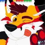 absurd_res anthro baxter_wolfy baxter_wolfy(character) canid canine canis claws colorful_background fox fur hair handpaw hi_res hybrid long_hair male mammal one_eye_closed paws solo tongue tongue_out wink wolf