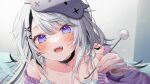  1girl :d absurdres bare_shoulders blindfold blindfold_lift blush dot_nose hair_ornament highres indie_virtual_youtuber indoors looking_at_viewer lying on_bed on_stomach pome_charo purple_eyes purple_shirt shirt smile solo_focus square_pupils variant_set x_hair_ornament 