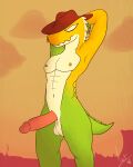 absurd_res alligator alligatorid anthro clothing crocodile crocodilian crocodylid genitals glitch_productions gummigoo_(tadc) hat headgear headwear hi_res jakepankeke male male/male nude penis reptile scalie solo the_amazing_digital_circus