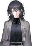  1girl absurdres black_hair black_shirt chest_strap chief_(path_to_nowhere) closed_mouth coat coat_on_shoulders collared_shirt earrings female_chief_(path_to_nowhere) grey_coat grey_eyes highres id_card jewelry long_hair looking_at_viewer path_to_nowhere shirt simple_background solo toho10min upper_body white_background 