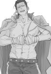  1boy adam&#039;s_apple bara bare_pectorals clenched_hands cowboy_shot facial_hair fighting_stance fist_bump goatee_stubble golden_kamuy greyscale head_tilt highres jacket jacket_on_shoulders kikuta_mokutaro large_pectorals looking_at_viewer male_focus mature_male monochrome muscular muscular_male nipples pectorals scar scar_on_face scar_on_forehead serious short_hair solo sparse_navel_hair standing stubble thick_eyebrows yngwh 