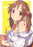  1girl bare_shoulders belt blush border bra_strap bracelet breasts brown_belt brown_eyes brown_hair chestnut_mouth cleavage collarbone cup disposable_cup dot_nose drink drinking_straw flower from_side hair_flower hair_ornament heart heart_necklace holding holding_drink idolmaster idolmaster_cinderella_girls idolmaster_cinderella_girls_starlight_stage jewelry large_breasts long_hair looking_at_viewer necklace off-shoulder_shirt off_shoulder outside_border pink_flower shirt solo totoki_airi twintails white_border white_shirt yellow_background yunion_(sibujya) 