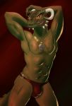  anthro argonian bethesda_softworks blue_eyes bulge clothing derkeethus green_body green_scales hands_behind_head hi_res horn jewelry looking_at_viewer male muscular muscular_anthro muscular_male necklace pinup pose pupils red_background reptile scales scalie simple_background skyrim slit_pupils solo tatsudoshi the_elder_scrolls underwear video_games 