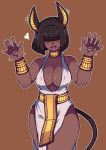  1girl :d :p animal_ears bangs bare_shoulders blunt_bangs bob_cut bracelet breasts brown_eyes brown_hair covered_eyes covered_nipples dark_skin dark_skinned_female dress egyptian_clothes extra_eyes freckles hair_over_eyes highres jackal_ears jewelry jitome large_breasts looking_at_viewer medium_hair mole mole_on_breast ninelean open_mouth original pelvic_curtain sash smile solo standing symbol_commentary tail tongue tongue_out white_dress 