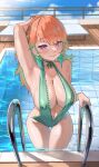  1girl archinoer breasts cleavage earrings feather_earrings feathers gradient_hair green_hair green_one-piece_swimsuit highres hololive hololive_english jewelry large_breasts long_hair multicolored_hair multiple_girls one-piece_swimsuit orange_hair pool purple_eyes smile solo swimsuit takanashi_kiara virtual_youtuber water wet wet_clothes wet_hair wet_swimsuit 
