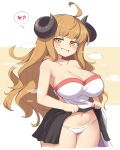  1girl ahoge anila_(granblue_fantasy) black_skirt blonde_hair blunt_bangs blush breasts brown_hair cameltoe cleavage clothes_lift commentary curled_horns granblue_fantasy heart highres horns large_breasts lifted_by_self long_hair looking_at_viewer navel panties sifserf skirt skirt_lift smile solo spoken_heart thick_eyebrows two-tone_background underwear white_background white_panties yellow_background yellow_eyes 