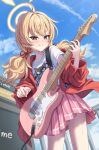  1girl absurdres ahoge blonde_hair blue_archive blush closed_mouth cowboy_shot electric_guitar guitar halo highres holding holding_instrument instrument jacket long_hair looking_at_viewer low_twintails music official_alternate_costume open_clothes open_jacket pink_skirt playing_instrument pleated_skirt red_jacket shirt short_sleeves simoumi_217 skirt smile solo twintails white_shirt yellow_eyes yellow_halo yoshimi_(band)_(blue_archive) yoshimi_(blue_archive) 