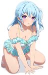  1girl absurdres bang_dream! bare_arms bare_legs bare_shoulders bikini blue_hair blush breasts cleavage frilled_bikini frilled_bikini_top frills full_body hair_ornament hands_on_floor highres kneeling large_breasts light_blue_hair looking_at_viewer matsubara_kanon noshimurin open_mouth purple_eyes sandals simple_background solo swimsuit white_background 