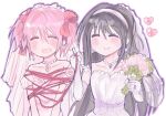 2girls ^_^ akemi_homura black_hair bound bouquet bow bridal_veil closed_eyes collarbone couple dress earrings elbow_gloves facing_viewer flower gloves hair_bow hairband heart holding holding_bouquet jewelry kaname_madoka kerimka31328031 long_hair mahou_shoujo_madoka_magica mahou_shoujo_madoka_magica_(anime) medium_hair multiple_girls necklace open_mouth pearl_necklace pink_bow pink_hair ring smile soul_gem tied_up_(nonsexual) twintails veil wedding_dress wedding_ring white_dress white_gloves yuri 