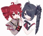  2girls :d ahoge alternate_hairstyle ame-chan_(needy_girl_overdose) black_eyes black_hair black_ribbon bow collared_shirt cropped_torso crossover drill_hair grey_jacket hair_bow hair_over_one_eye hand_on_hand hand_up jacket kabe_(zp66104) kasane_teto kasane_teto_(sv) long_hair long_sleeves looking_at_viewer multiple_girls neck_ribbon needy_girl_overdose official_alternate_costume open_mouth red_eyes red_hair red_shirt ribbon shirt simple_background smile suspenders synthesizer_v twin_drills upper_body white_background white_bow 