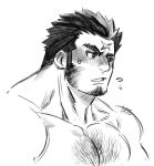  1boy averting_eyes back_hair bara blush chest_hair cropped_torso cross_scar eyebrow_stubble flying_sweatdrops gendai greyscale highres houzouin_oniwaka large_pectorals long_sideburns male_focus mature_male monochrome muscular muscular_male nervous_sweating nude pectorals sanpaku scar scar_on_face scar_on_forehead short_hair shy sideburns sketch solo sparse_chest_hair sweat thick_eyebrows thick_neck tokyo_afterschool_summoners 