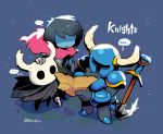  ... 1boy 2others androgynous armor black_hair blue_background blue_skin cloak closed_mouth crossover deltarune gloves helmet highres holding holding_map hollow_knight horned_helmet horns knight_(hollow_knight) kris_(deltarune) map multiple_others rariatto_(ganguri) red_scarf scarf shaded_face shovel shovel_knight shovel_knight_(character) simple_background spoken_ellipsis twitter_username weapon 