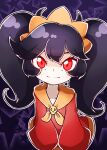  1girl ashley_(warioware) black_hair dress eyelashes hairband highres looking_at_viewer neckerchief orange_hairband orange_neckerchief orange_trim purple_background red_dress red_eyes red_mist skull_brooch sleeves_past_wrists smile solo star_(symbol) starry_background twintails warioware 