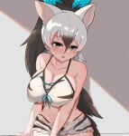  1girl aardwolf_(kemono_friends) aardwolf_print akaisuto animal_ears animal_print bare_shoulders bikini black_hair blush breasts cleavage extra_ears hair_between_eyes highres kemono_friends kemono_friends_2 large_breasts long_hair looking_at_viewer multicolored_hair open_mouth ponytail shorts smile solo swimsuit tail two-tone_hair white_hair 
