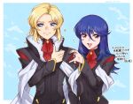 1boy 1girl blonde_hair blue_eyes blue_hair gundam gundam_seed gundam_seed_destiny gundam_seed_freedom half-heart_hands heart_hands_failure highres ingrid_tradoll jacket long_hair machi_kitchen military military_uniform open_mouth orphee_lam_tao red_eyes rejection short_hair smile thumbs_up uniform upper_body 