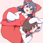  2girls :d black_eyes black_hair blush bow bright_pupils brown_hair closed_eyes commentary_request cookie_(touhou) dress frilled_bow frilled_hair_tubes frills full_body hair_bow hair_tubes hakurei_reimu highres hotaruda_(cookie) long_hair medium_bangs medium_hair multiple_girls open_mouth pink_background red_bow red_dress sakenomi_(cookie) sidelocks sleeves_past_fingers sleeves_past_wrists smile touhou triangle_mouth white_pupils white_sleeves wide_sleeves y75zei 