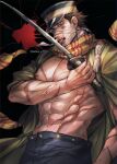  1boy abs absurdres bandaged_neck bandages bara bare_pectorals brown_hair bulge coat cowboy_shot empty_eyes facial_hair golden_kamuy highres holding holding_sword holding_weapon large_pectorals licking licking_weapon looking_at_viewer male_focus mtkg_05 muscular muscular_male navel nipples open_clothes open_coat pectorals scar scar_on_cheek scar_on_face scarf seductive_smile serious short_hair shredded_muscles sideburns_stubble smile smoking solo standing stomach stubble sugimoto_saichi sword thick_eyebrows tongue tongue_out tsurime v-taper veins veiny_arms weapon yellow_scarf 
