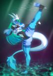  anthro armor blue_body clothing dragon female gloves hair handwear hi_res high_kick kick michikochan scalie solo underwater warrior water 