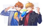  2boys ahoge arm_up black_jacket blonde_hair blue_eyes blue_sweater border breast_pocket buttons closed_mouth collared_jacket commentary_request cropped_torso crossed_bangs cup disposable_cup dog_tags drink drinking_straw ear_piercing earrings genshin_impact green_eyes grey_jacket grid_background grin hair_between_eyes hair_bun hands_up holding holding_cup jacket jewelry lapels long_sleeves looking_at_viewer male_focus multiple_boys necklace open_clothes open_jacket orange_hair outside_border piercing pocket red_sweater sakura_0270 short_hair simple_background single_earring single_hair_bun smile sweater tartaglia_(genshin_impact) thoma_(genshin_impact) turtleneck turtleneck_sweater upper_body v white_background white_border 