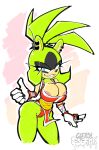  2024 afrosoricid anthro areola big_areola big_breasts big_nipples blue_eyes breasts cleavage clothed clothing ear_piercing female glitchslime green_body hi_res idw_publishing looking_at_viewer mammal nipple_slip nipples piercing sega smile smiling_at_viewer solo sonic_the_hedgehog_(comics) sonic_the_hedgehog_(idw) sonic_the_hedgehog_(series) surge_the_tenrec tan_body tenrec 