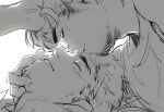  2boys backlighting bara closed_eyes couple face-to-face facial_hair from_side goatee_stubble greyscale hand_in_another&#039;s_hair hand_on_another&#039;s_head happy isuke kiss kissing_forehead light_blush male_focus monochrome multiple_boys original profile shirt short_hair sideburns_stubble sketch smile sparse_stubble stubble t-shirt thick_eyebrows unfinished wavy_hair yaoi 