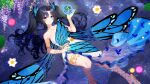  1girl absurdres black_hair blue_butterfly blue_eyes bug butterfly earth_(planet) flower hair_ornament highres holding holding_flower indie_virtual_youtuber jewellery jewelry lake long_hair necklace petals planet reflection reflective_water sakotach sandals star_(sky) twintails 