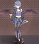  1girl alternate_costume bat_wings belt black_footwear blue_shorts brick_wall closed_mouth commentary_request cup drinking_glass fishnets full_body grey_hair holding holding_cup kanaria_(bocmn) long_sleeves medium_hair navel_piercing piercing pointy_ears red_eyes remilia_scarlet shorts solo tank_top touhou wings 
