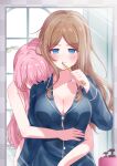  2girls absurdres bang_dream! bang_dream!_it&#039;s_mygo!!!!! blue_eyes blue_shirt blush breasts brown_hair brushing_teeth chihaya_anon cleavage closed_mouth collared_shirt commentary commentary_request dress_shirt highres holding holding_toothbrush hug hug_from_behind indoors large_breasts long_hair looking_at_mirror looking_at_viewer meu203 mirror multiple_girls nagasaki_soyo nude pajamas pink_hair shirt sidelocks toothbrush toothbrush_in_mouth yuri 