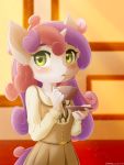  2020 3:4 5_fingers anthro anthrofied belt beverage blush clothing cup dress equid equine eyebrows eyelashes female fingers friendship_is_magic fur green_eyes hair hasbro hi_res holding_object horn horse mammal my_little_pony pony purple_hair signature solo standing sweetie_belle_(mlp) symbianl tea tea_cup unicorn white_body white_fur young 