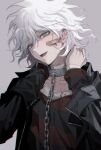  1boy :d bandaged_arm bandaged_neck bandages black_jacket black_shirt blood blood_on_clothes boleum_(dgrpluna) chain collar danganronpa_(series) danganronpa_another_episode:_ultra_despair_girls grey_background hair_between_eyes hands_up highres jacket komaeda_nagito medium_hair metal_collar open_clothes open_jacket open_mouth red_shirt servant_(danganronpa) shirt simple_background smile solo striped_clothes striped_shirt white_hair 