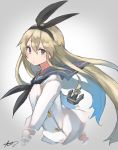  1girl adapted_costume black_neckwear blonde_hair blue_sailor_collar blush dress grey_eyes hair_between_eyes highres kantai_collection long_hair long_sleeves neckerchief sailor_collar sailor_dress shimakaze_(kantai_collection) signature solo sunday_aki white_dress 