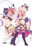  3girls :d ;d absurdres ahoge animal_hands armpits arms_up ass_visible_through_thighs bare_shoulders black_bra black_choker black_footwear black_panties blonde_hair blush blush_stickers boots bow bowtie bra breasts bright_pupils brown_eyes brown_hair cameltoe cat_cutout cat_lingerie chibi chibi_inset choker cleavage cleavage_cutout clothing_cutout commentary_request cosplay costume_switch crisis_management_form_(machimazo) crossover curled_horns curvy dark-skinned_female dark_skin demon_girl demon_horns demon_tail detached_collar detached_sleeves embarrassed eyelashes eyes_visible_through_hair fang foreshortening frilled_bra frilled_choker frilled_panties frills full-face_blush full_body gloves groin hair_between_eyes hand_on_own_hip happy highres horns index_finger_raised juliet_sleeves large_breasts light_brown_hair lilith_(machikado_mazoku) lilith_(machikado_mazoku)_(cosplay) long_hair long_sleeves looking_at_viewer machikado_mazoku marsh753315 meme_attire midriff multiple_girls navel nose_blush o_o one_eye_closed onii-chan_wa_oshimai! open_mouth outstretched_arm outstretched_arms oyama_mahiro oyama_mahiro_(cosplay) oyama_mihari oyama_mihari_(cosplay) panties paw_gloves pointing pointing_at_viewer puffy_sleeves red_bow red_bowtie sidelocks signature simple_background skin_fang small_breasts smile standing standing_on_one_leg tail tareme thigh_boots twintails underwear v-shaped_eyebrows very_long_hair white_background yoshida_yuuko_(machikado_mazoku) yoshida_yuuko_(machikado_mazoku)_(cosplay) 