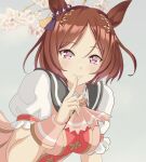  1girl animal_ears ascot breasts brown_hair flower flower_in_eye grey_background highres horse_ears horse_girl masasim pink_ascot puffy_short_sleeves puffy_sleeves purple_eyes sakura_laurel_(umamusume) short_hair short_sleeves smile solo symbol_in_eye tree umamusume upper_body 