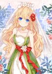  1girl bare_arms bare_shoulders blonde_hair blue_eyes blush breasts closed_mouth collarbone commentary_request dress flower green_dress hair_flower hair_ornament highres long_hair looking_at_viewer mutang original pink_flower pink_rose red_flower rose small_breasts smile solo veil very_long_hair white_dress 