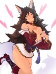  1girl ahri_(league_of_legends) animal_ears bare_shoulders bell breasts brown_eyes brown_hair choker cleavage distr facial_mark fox_ears fox_girl fox_tail hands_up highres korean_clothes large_breasts league_of_legends long_hair long_sleeves neck_bell red_choker red_footwear solo tail whisker_markings 