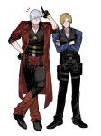  2boys ashuiashui119 backless_pants bishounen blonde_hair blue_eyes chaps coat crossover curtained_hair dante_(devil_may_cry) devil_may_cry_(series) devil_may_cry_4 facial_hair fingerless_gloves full_body gloves hair_over_one_eye highres holding holster knife_sheath leon_s._kennedy look-alike looking_at_viewer male_focus multiple_boys muscular muscular_male one_eye_closed pants pectorals police police_uniform red_coat resident_evil resident_evil_6 sheath shoulder_holster simple_background smile trench_coat uniform upper_body white_hair 