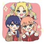  3girls :d aqua_eyes blonde_hair blue_eyes blue_hair blue_ribbon blush bright_pupils brown_cardigan brown_dress cardigan commentary crossed_bangs dark_blue_hair double_w dress fang flower gradient_hair hair_flower hair_ornament hair_ribbon hand_up hands_up hasu_no_sora_school_uniform hinoshita_kaho light_blue_hair link!_like!_love_live! long_hair long_sleeves looking_at_viewer love_live! low_twintails mao_(maooo_049) medium_hair multicolored_hair multiple_girls murano_sayaka neckerchief open_cardigan open_clothes open_hands orange_hair osawa_rurino parted_bangs pink_flower rabbit_hair_ornament red_neckerchief ribbon sailor_collar sailor_dress school_uniform skin_fang smile sparkle teeth twintails two_side_up upper_teeth_only virtual_youtuber w white_flower white_pupils white_sailor_collar winter_uniform 