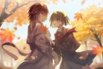  2girls :o aketa_mikoto autumn black_skirt blush bow bowtie brown_coat brown_hair coat eye_contact falling_leaves gradient_hair green_hair holding holding_another&#039;s_wrist holding_leaf idolmaster idolmaster_shiny_colors kevn leaf long_sleeves looking_at_another maple_leaf multicolored_hair multiple_girls nanakusa_nichika outdoors pleated_skirt profile red_bow red_bowtie skirt tree 