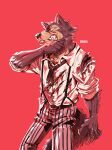  anthro beastars blood bodily_fluids canid canine canis clothing gamubear hi_res legoshi_(beastars) male mammal nosebleed simple_background solo torn_clothing wolf wounded 