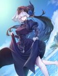  1girl barefoot black_dress blue_flower blue_hair blue_rose breasts celeste_(granblue_fantasy) clothes_lift cloud covered_eyes day dress dress_lift flower granblue_fantasy large_breasts lifted_by_self long_hair long_sleeves multicolored_hair outdoors pale_skin purple_dress rose skirt_hold sky solo tomamatto veil very_long_hair water 