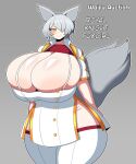  absurd_res animal_humanoid areola areola_slip big_breasts breasts bulging_eyes canid canid_humanoid canine canine_humanoid cleavage clothed clothing duskyer english_text female fox_humanoid glistening glistening_body grey_hair grey_tail hair hi_res huge_breasts humanoid looking_at_viewer mammal mammal_humanoid short_hair smile solo standing tail text thick_thighs white_clothing wide_hips 