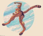  2024 4_toes anthro arcr-cric breasts cheetah clothed clothing digital_media_(artwork) digitigrade feet felid feline female hi_res low-angle_view mammal pawpads solo toes topless under_boob underwear 