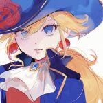  1girl ascot blonde_hair blue_eyes blue_hat blue_jacket closed_mouth earrings eyelashes flower hanaon hat hat_flower jacket jewelry long_hair looking_at_viewer mario_(series) official_alternate_costume princess_peach princess_peach:_showtime! rose solo sphere_earrings swordfighter_peach upper_body white_ascot white_background 